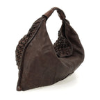 Bolso de hombro "ATENA" en piel de vacuno teñida en prenda con tejido.Marrón