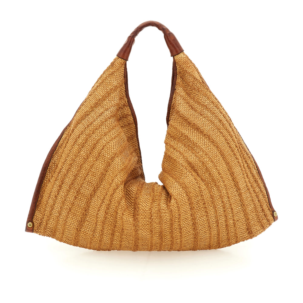 Bolso de hombro "ATENA" en tejido de rafia teñido en prenda y piel de vacuno.