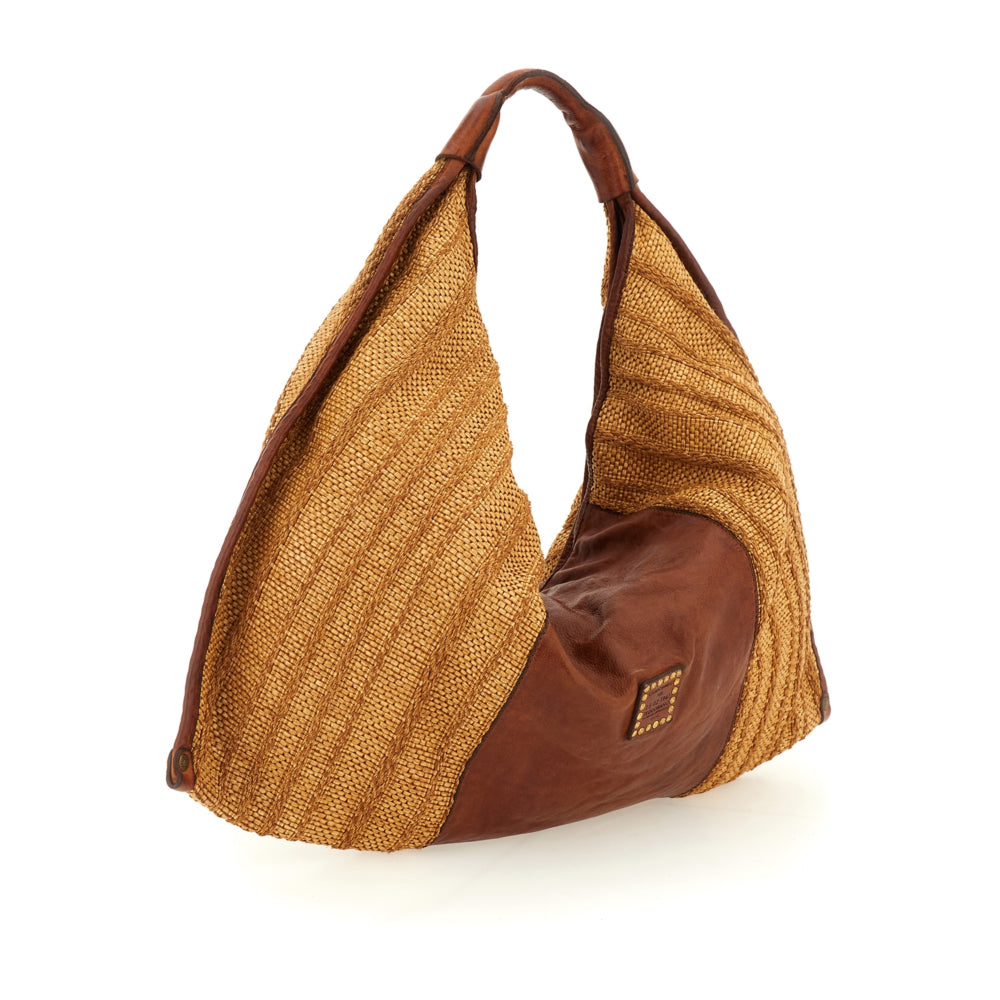 Bolso de hombro "ATENA" en tejido de rafia teñido en prenda y piel de vacuno.