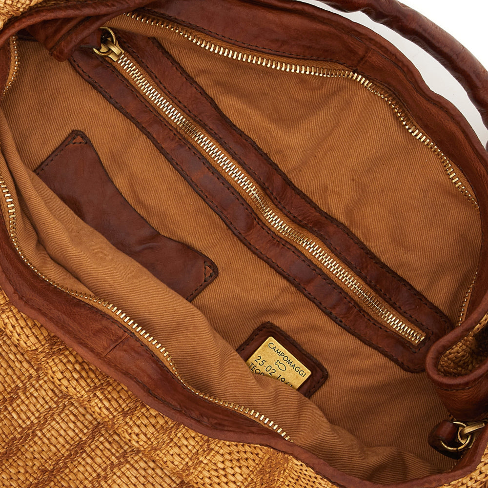 Bolso de hombro "ATENA" en tejido de rafia teñido en prenda y piel de vacuno.