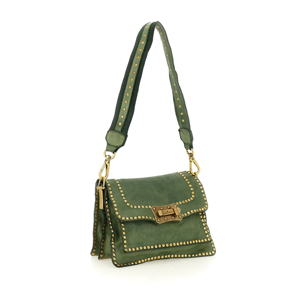 Bolso bandolera "AGNESE" de piel de vacuno teñida en prenda con tachuelas.
