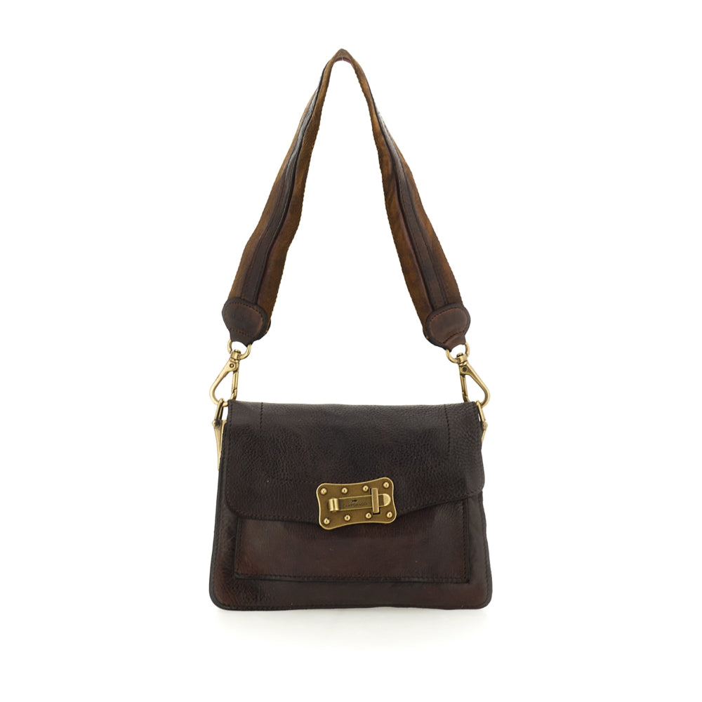 Bolso bandolera "AGNESE" de piel de vacuno teñida en prenda con correa de cinta para el hombro.Marrón