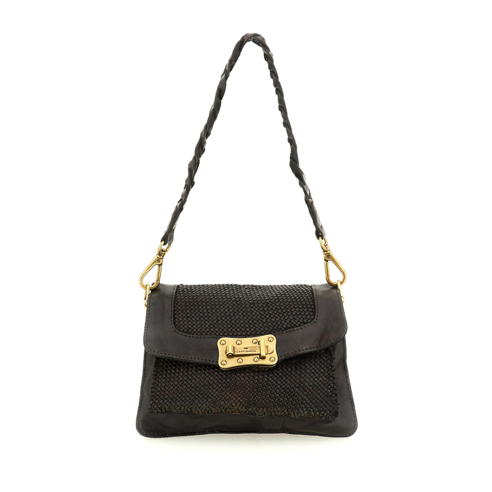 Bolso bandolera "AGNESE" en piel de vacuno tejida teñida en prenda. Color Marrón