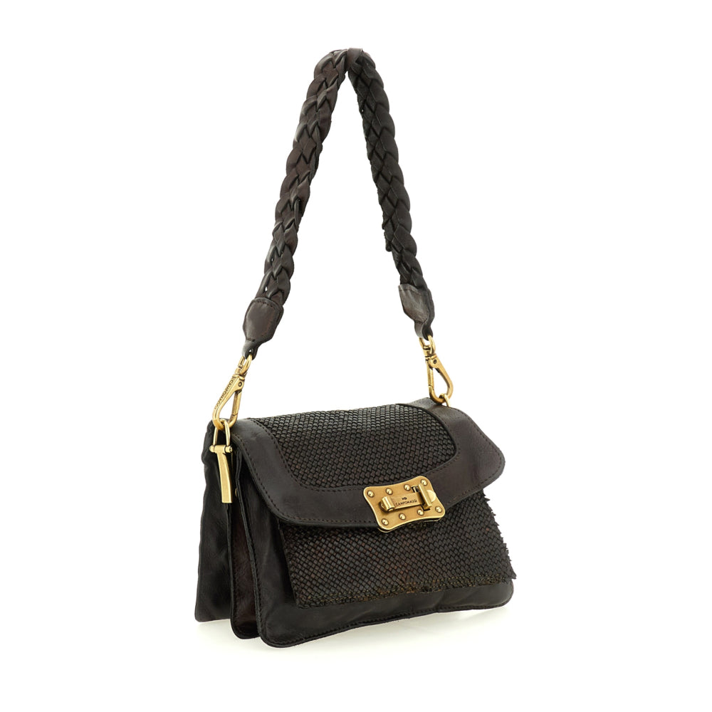 Bolso bandolera "AGNESE" en piel de vacuno tejida teñida en prenda. Color Marrón