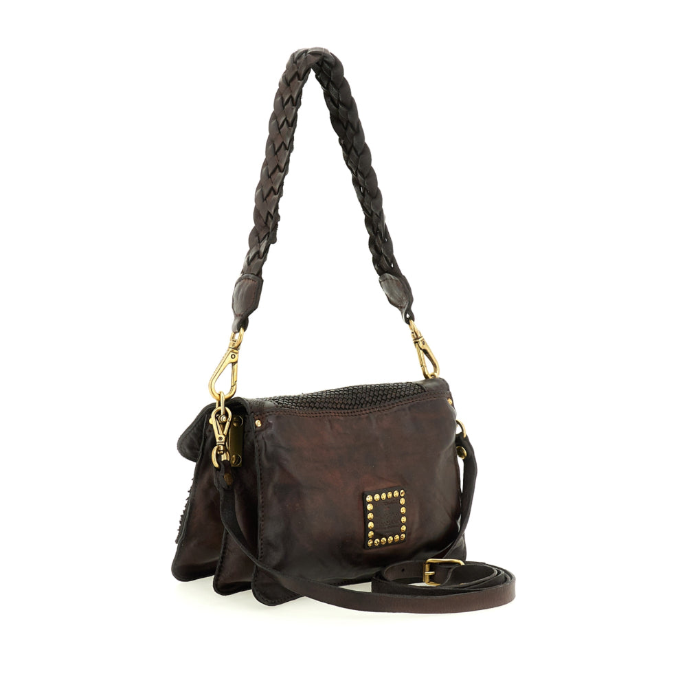Bolso bandolera "AGNESE" en piel de vacuno tejida teñida en prenda. Color Marrón