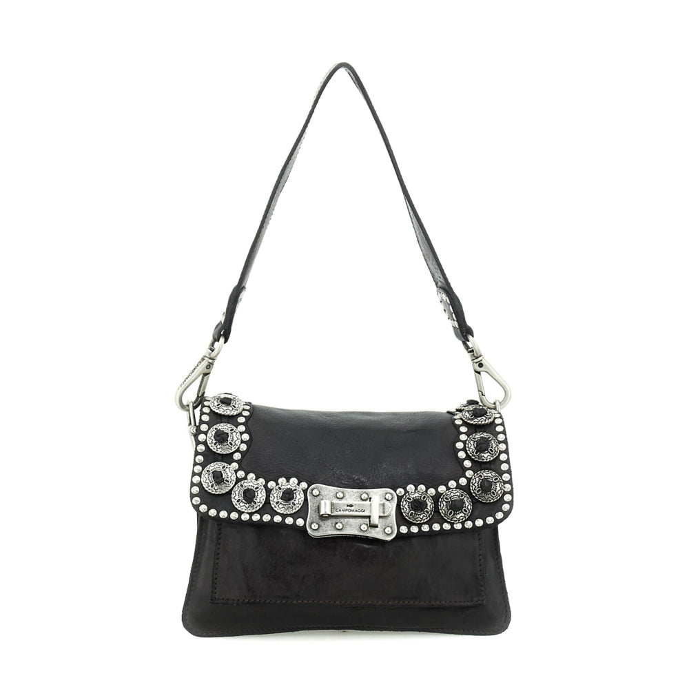 Bolso bandolera "AGNESE" de piel de vacuno teñida en prenda, con costuras y trabillas.  Color: Gris
