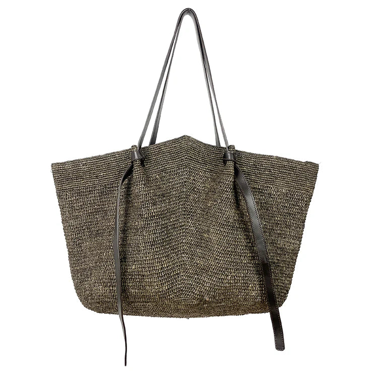 Bolso XXL de rafia artesanal con asas de piel negro
