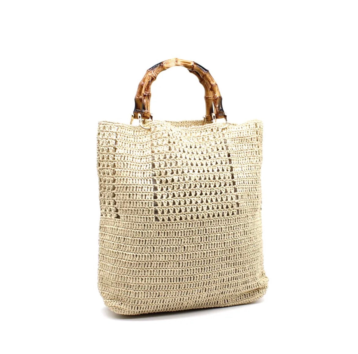 Bolso Shopper de Rafia con Asa de Bambú